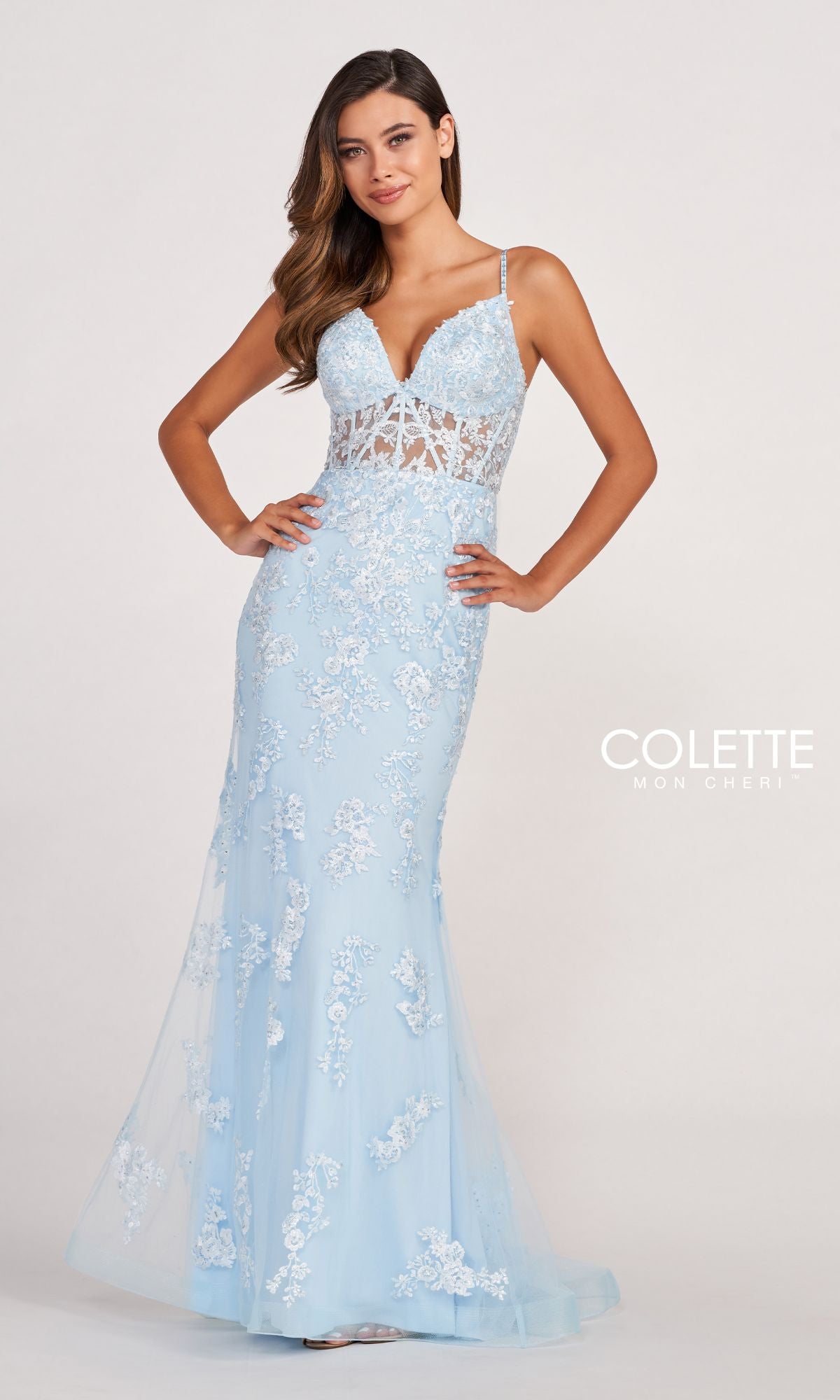 A woman wearing the Colette Beaded-Lace Long Prom Dress with Corset, featuring a sheer bodice and floral appliqué details, stands against a plain background.